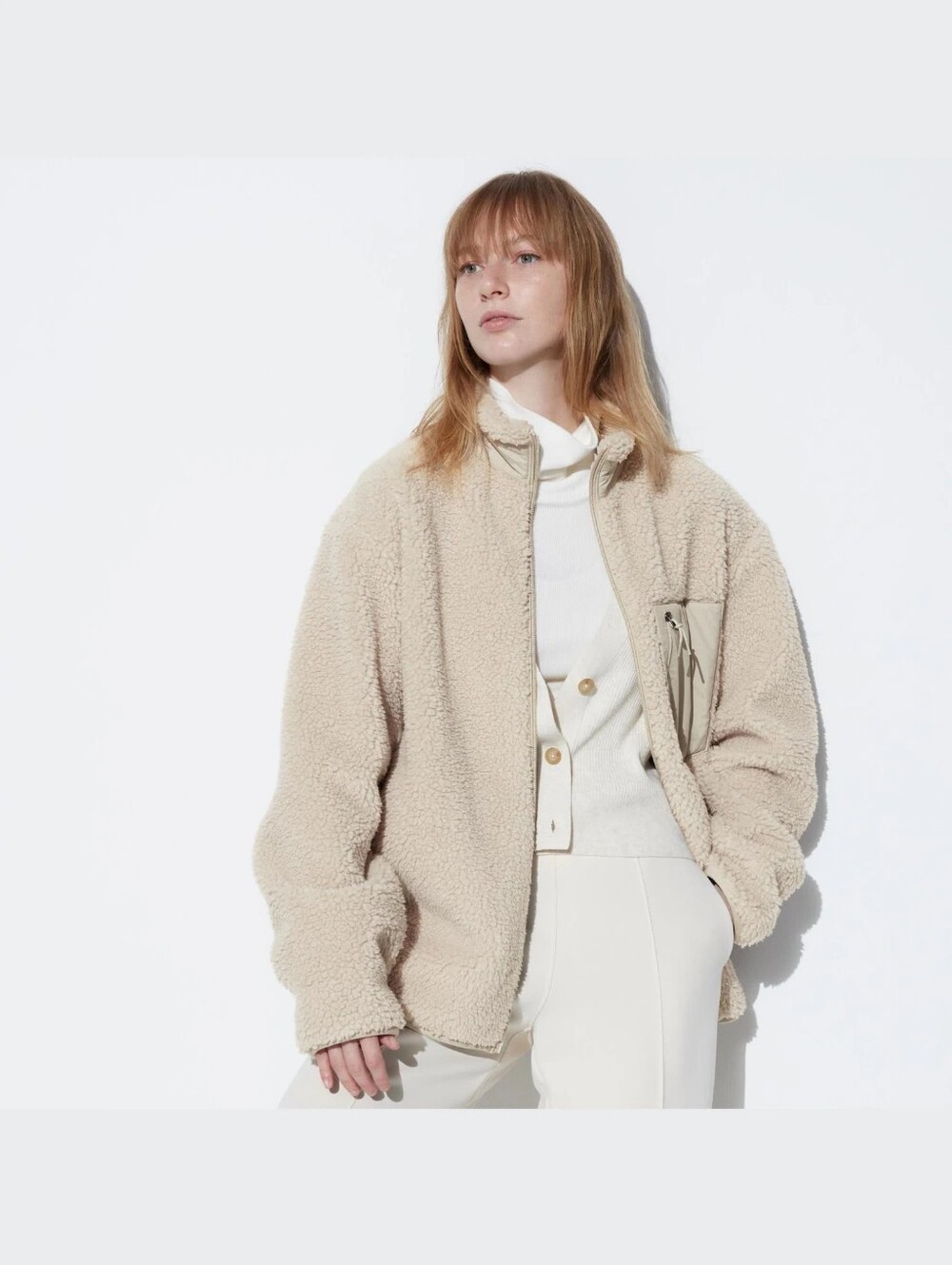 Stylenanda Cream Sherpa Teddy Fleece Jacket - Zip Up Free Size